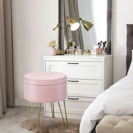 Round Velvet Storage Ottoman Footrest Stool Vanity Chair with Metal Legs
