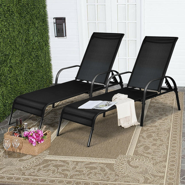 2 Pcs Outdoor Patio Lounge Chair Chaise Fabric with Adjustable Reclining Armrest-Brown