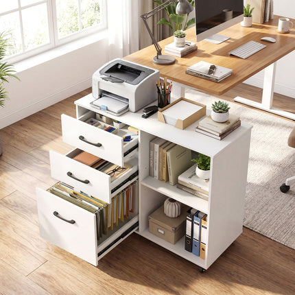 3-Drawer Mobile File Cabinet with Open Storage Shelves
