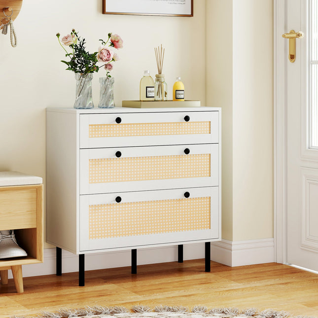 3-Drawer Rattan Nightstand Boho Chest of Drawers for Bedroom