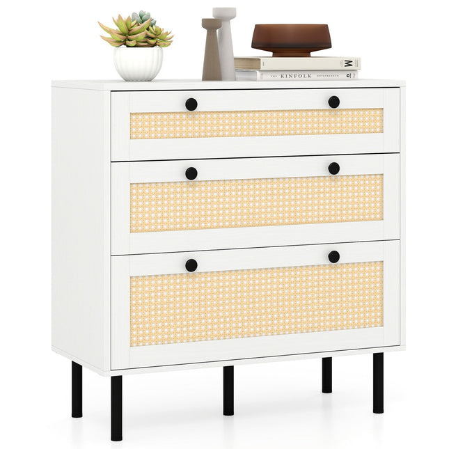 3-Drawer Rattan Nightstand Boho Chest of Drawers for Bedroom