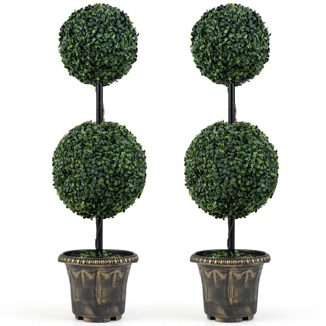 3 FT Artificial Boxwood Topiary Tree Double Ball Shrubs Set of 2