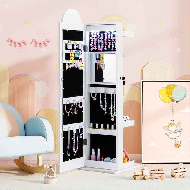 3 In 1 Kids Jewelry Cabinet Freestanding Jewelry Armoire with 3-Color Lighted Mirror