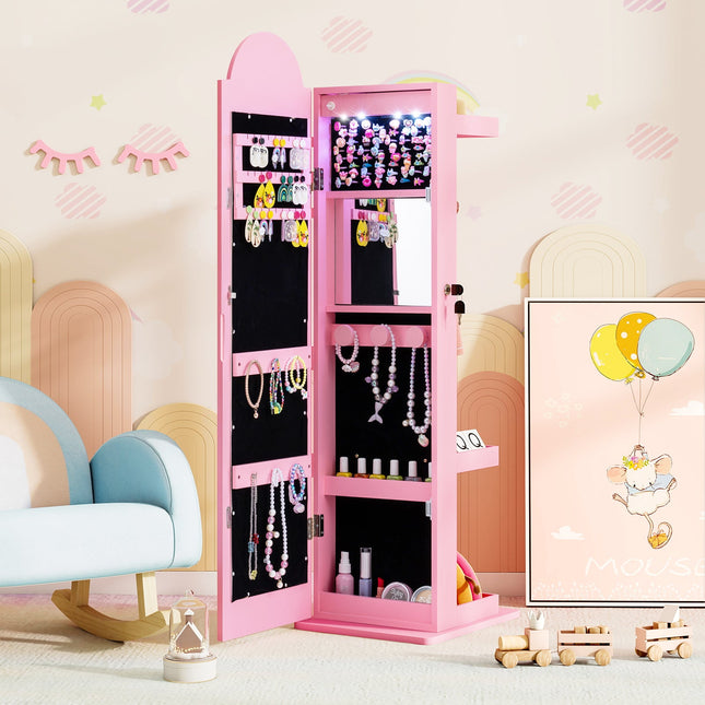 3 In 1 Kids Jewelry Cabinet Freestanding Jewelry Armoire with 3-Color Lighted Mirror