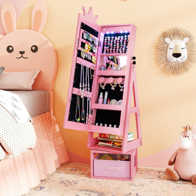 3 In 1 Kids Jewelry Cabinet with 3-Color Lighted Full Length Mirror