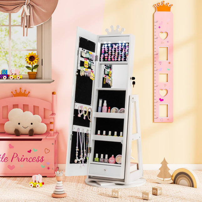 3 In 1 Kids Jewelry Cabinet with 3-Color Lighted Full Length Mirror and Internal Mirror