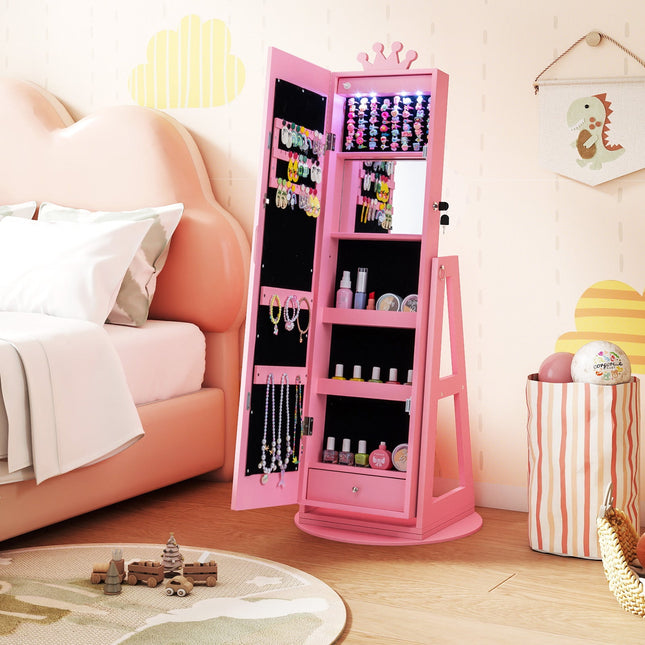 3 In 1 Kids Jewelry Cabinet with 3-Color Lighted Full Length Mirror and Internal Mirror