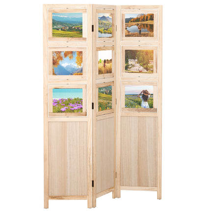 3 Panel Folding Privacy Screen with 9 Swivel Paulownia Wood Photo Frames-Natural