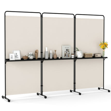 3-Panel Room Divider with Shelves 6 FT Tall Folding Privacy Screen with Lockable Wheels