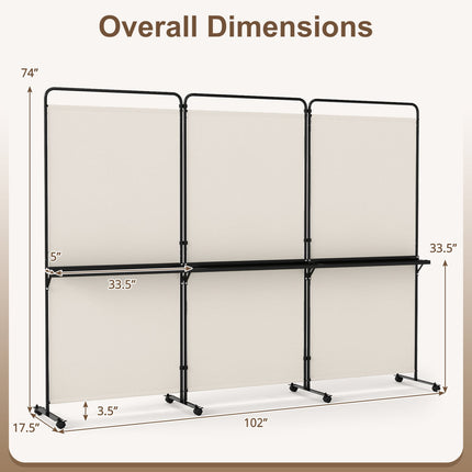3-Panel Room Divider with Shelves 6 FT Tall Folding Privacy Screen with Lockable Wheels