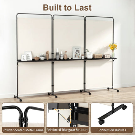 3-Panel Room Divider with Shelves 6 FT Tall Folding Privacy Screen with Lockable Wheels