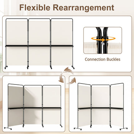 3-Panel Room Divider with Shelves 6 FT Tall Folding Privacy Screen with Lockable Wheels