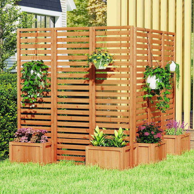 3-Panel Freestanding Garden Fence with 2 Planter Boxes - Yellow
