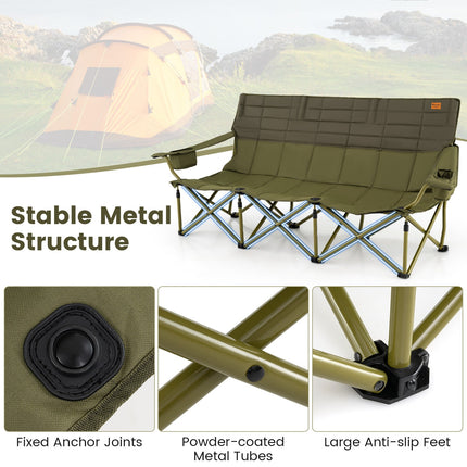 3 Person Folding Camping Chair with 2 Cup Holders Cotton Padding & Storage Bag