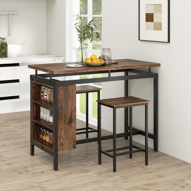 3 Pieces Dining Table Set with 3-Tier Storage Shelf and Metal Frame-Brown