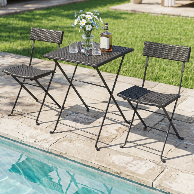 3-Piece Folding Bistro Set with PE Wicker and Metal Frame