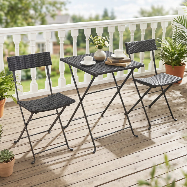 3-Piece Folding Bistro Set with PE Wicker and Metal Frame