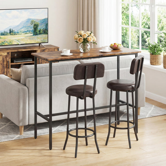 3-Piece Industrial Bar Table Set with 2 Upholstered Stools and Footrests for Dining Room