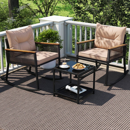 3-Piece Rocking Bistro Set with Coffee Table & Cushions