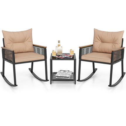 3-Piece Rocking Bistro Set with Coffee Table & Cushions