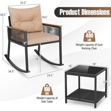 3-Piece Rocking Bistro Set with Coffee Table & Cushions