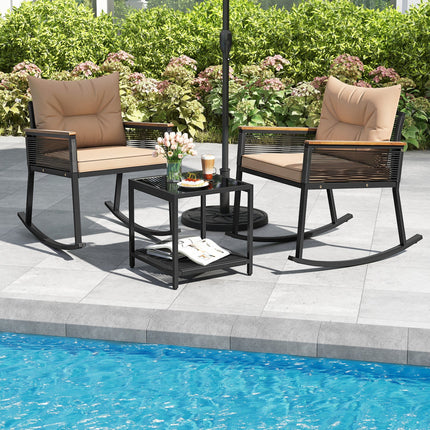 3-Piece Rocking Bistro Set with Coffee Table & Cushions