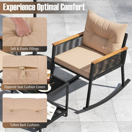 3-Piece Rocking Bistro Set with Coffee Table & Cushions