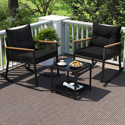 3-Piece Rocking Bistro Set with Coffee Table & Cushions