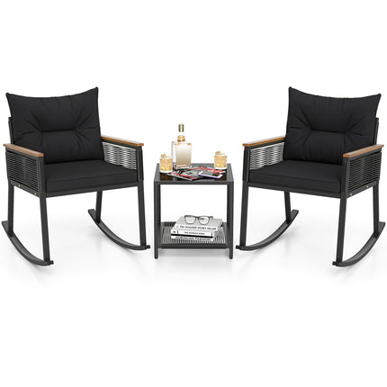 3-Piece Rocking Bistro Set with Coffee Table & Cushions