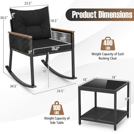 3-Piece Rocking Bistro Set with Coffee Table & Cushions