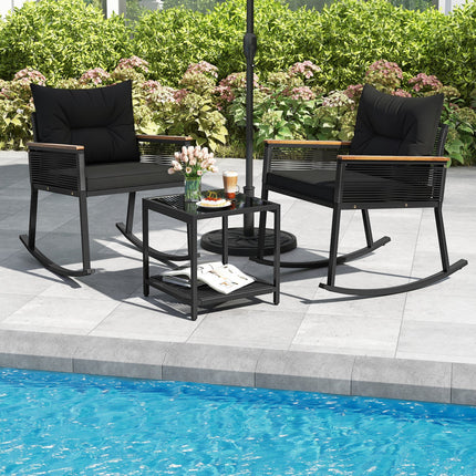 3-Piece Rocking Bistro Set with Coffee Table & Cushions
