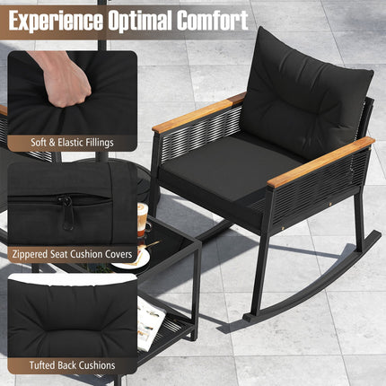 3-Piece Rocking Bistro Set with Coffee Table & Cushions