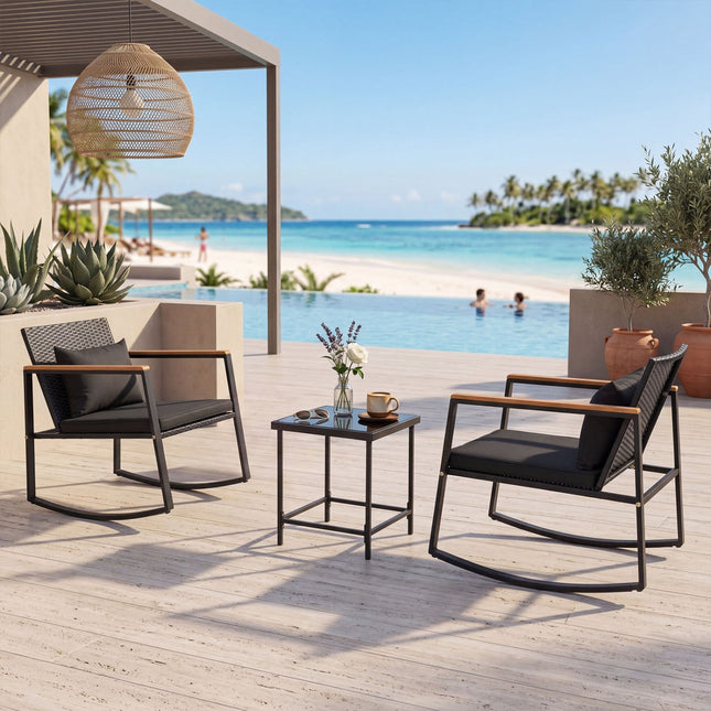 3-Piece Rocking Bistro Set with Cushions & Glass Table