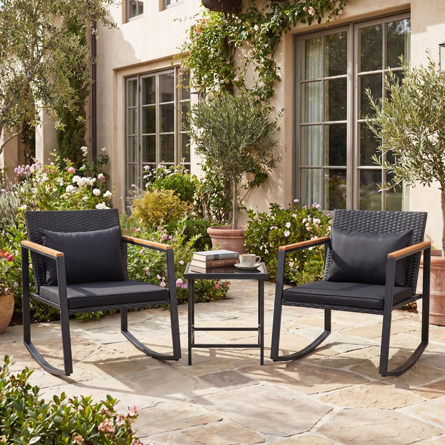 3-Piece Rocking Bistro Set with Cushions & Glass Table