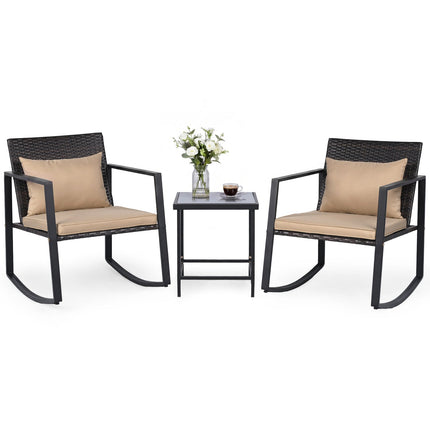 3-Piece Rocking Bistro Set with Cushions & Glass Table