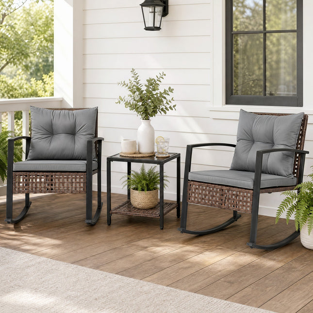 3-Piece Rocking Chair Patio Set with Glass Coffee Table