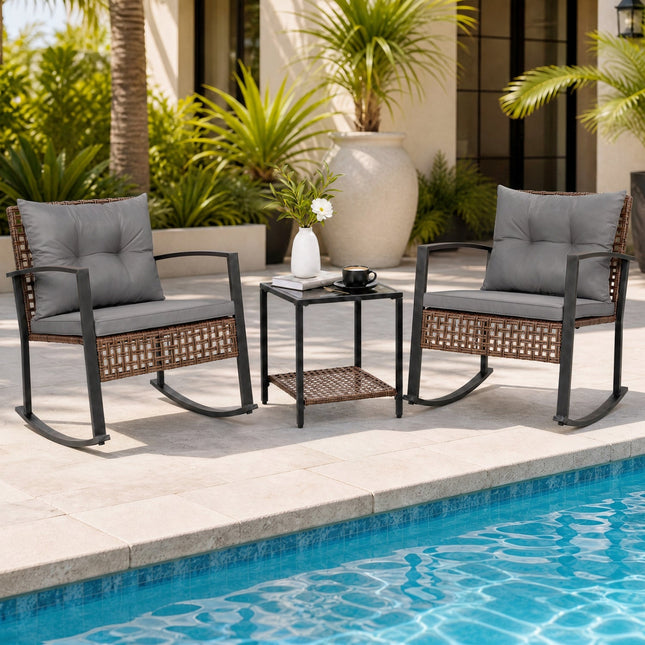 3-Piece Rocking Chair Patio Set with Glass Coffee Table