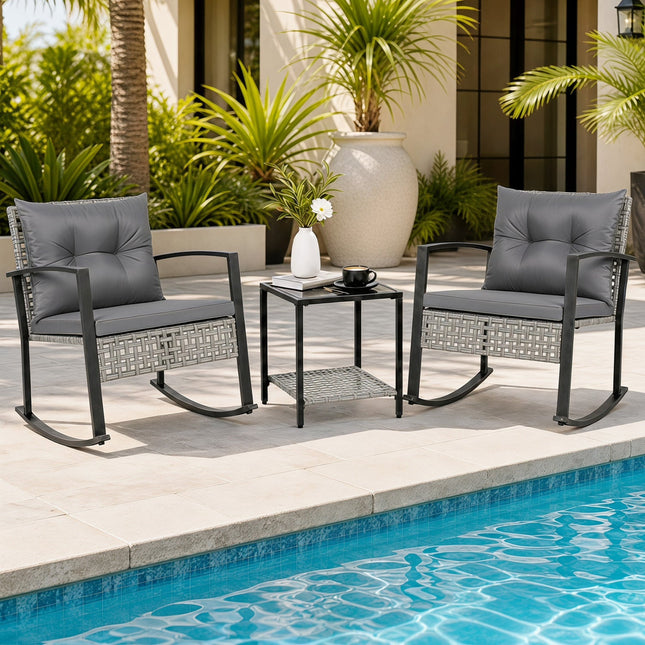 3-Piece Outdoor Rocking Chair Set with Coffee Table - Gray