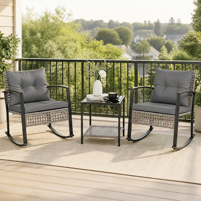 3-Piece Outdoor Rocking Chair Set with Coffee Table - Gray