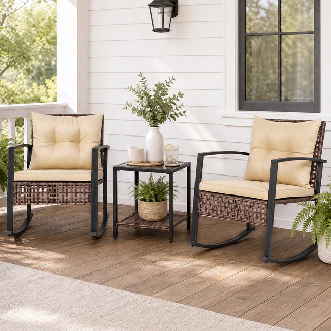 3-Piece Rocking Chair Patio Set with Glass Coffee Table