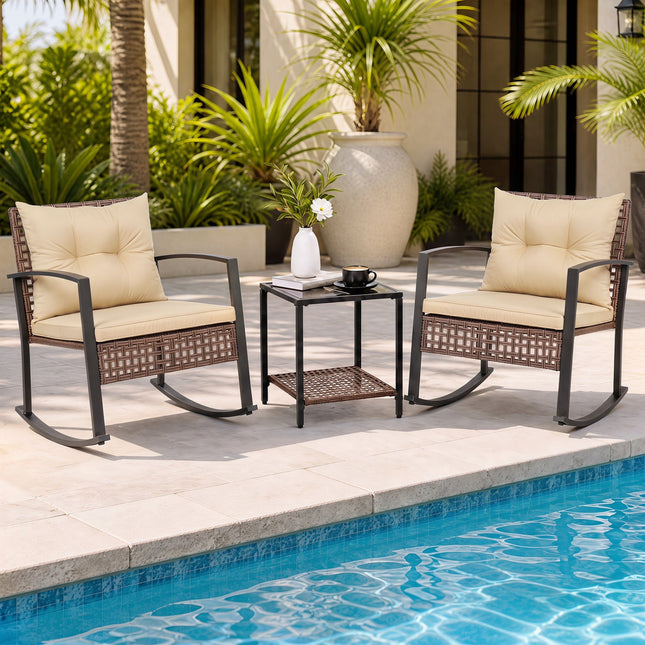 3-Piece Rocking Chair Patio Set with Glass Coffee Table