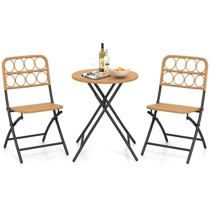 3 Piece Patio Bistro Set Folding Round Table and Chairs with Wicker Seat