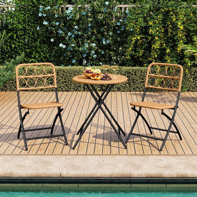 3 Piece Patio Bistro Set Folding Round Table and Chairs with Wicker Seat