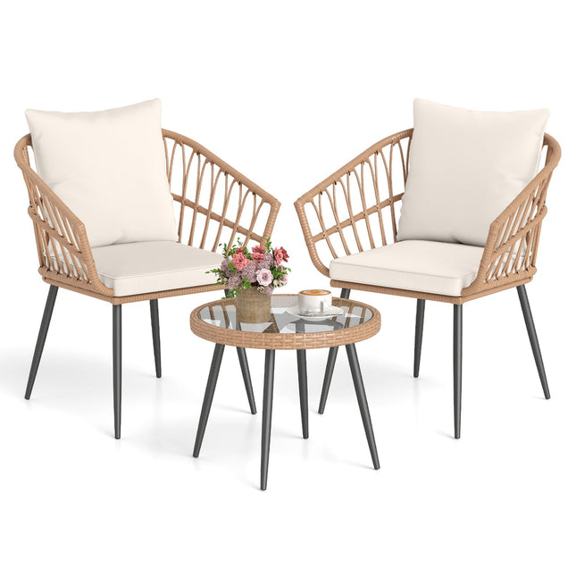3 Piece Patio Bistro Set with PE Rattan Wicker Chairs and Tempered Glass Coffee Table