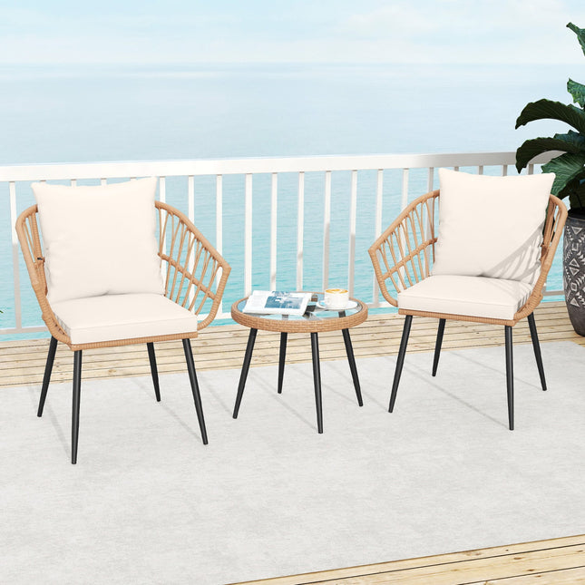 3 Piece Patio Bistro Set with PE Rattan Wicker Chairs and Tempered Glass Coffee Table