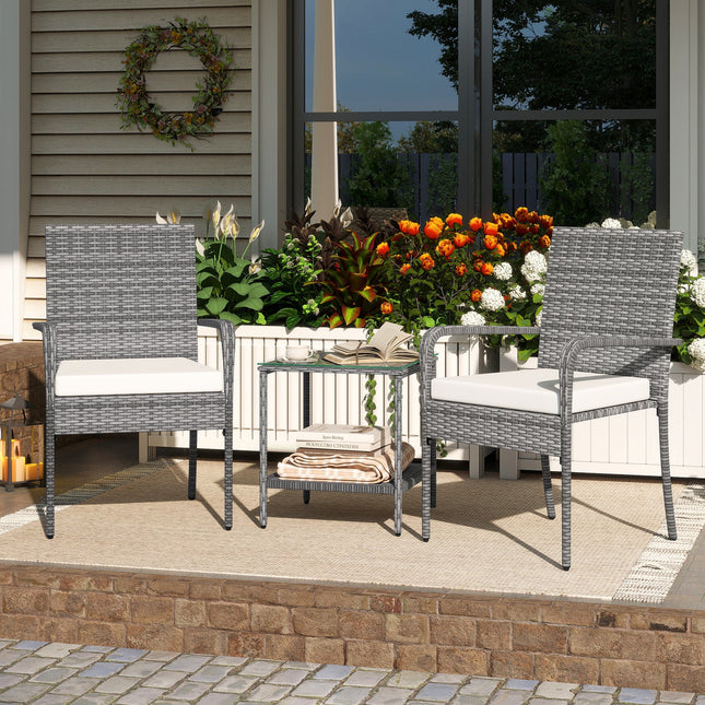 3 Piece Patio Furniture Set with Seat Cushions and Tempered Glass Tabletop for Balcony