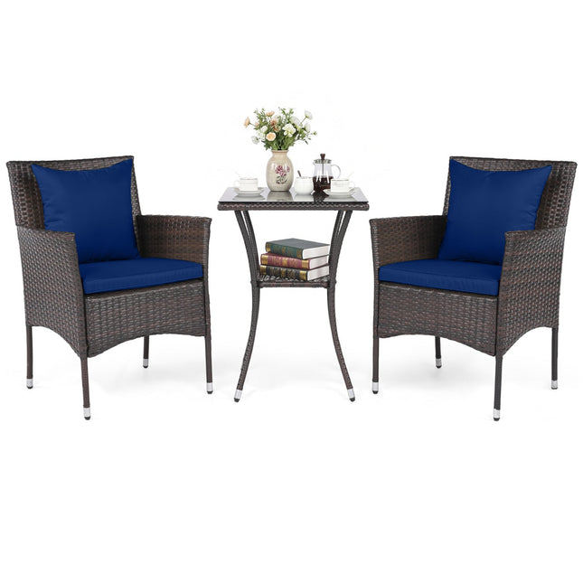 3 Pieces Patio Furniture Set with Cushioned Patio Chairs and Tempered Glass Coffee Table-Brown