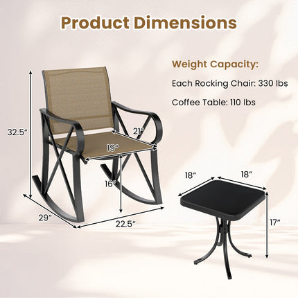 3 Piece Patio Rocking Set with Smooth Rocking Motion Outdoor Rocker Chair Bistro Set