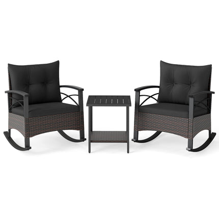 3 Piece Rocking Bistro Set PE Rattan Rocker Chairs with Acacia Wood Top Table