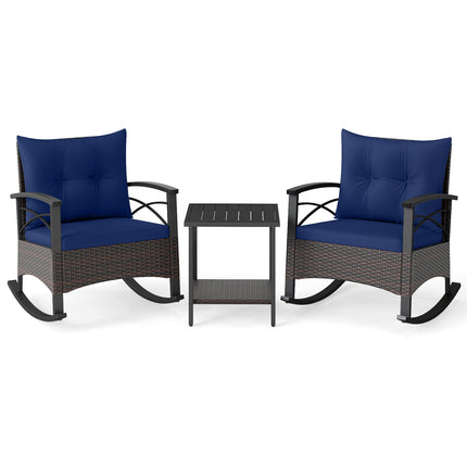 3 Piece Rocking Bistro Set PE Rattan Rocker Chairs with Acacia Wood Top Table